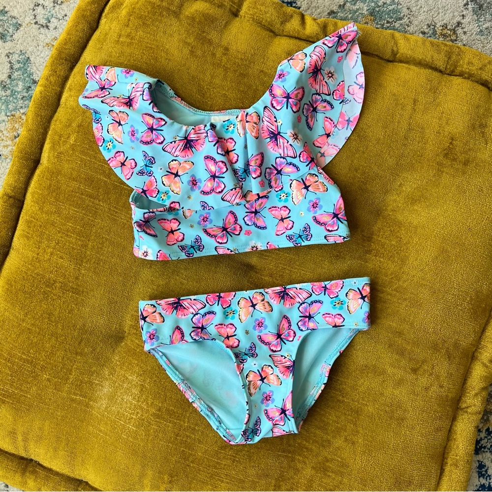 H&M Two Piece Bathing Suit Bikini Toddler / Little Girls Blue Pink Butterflies